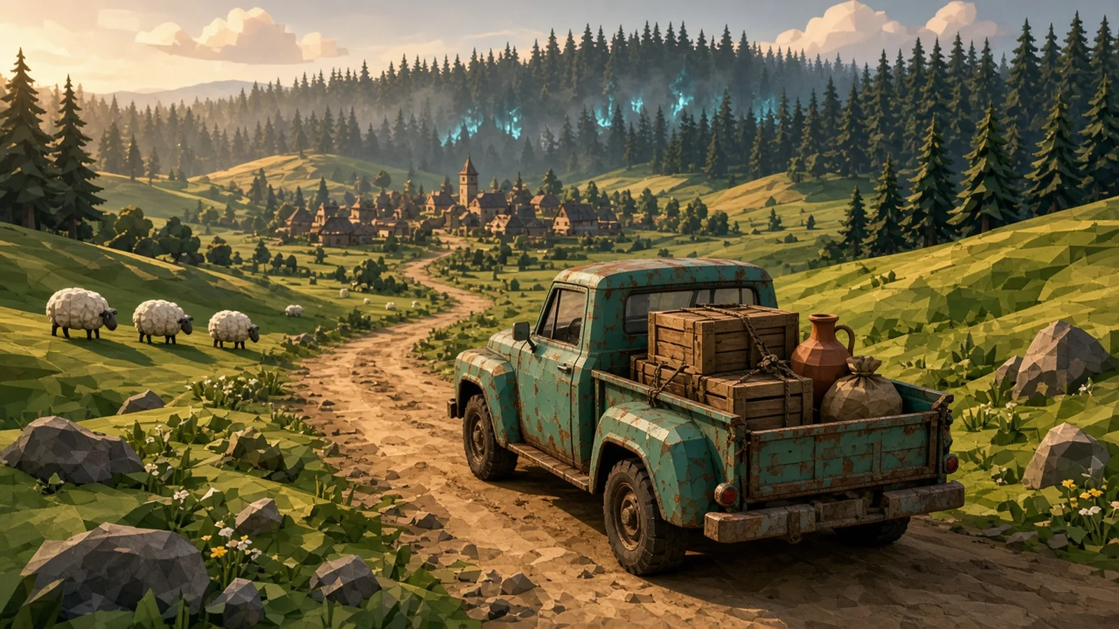 Illustrated teal pickup truck on a country road with a village and misty forest